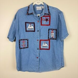 Keren Hart Vintage Denim Button Up Top Womens Large Nautical America Blue Red